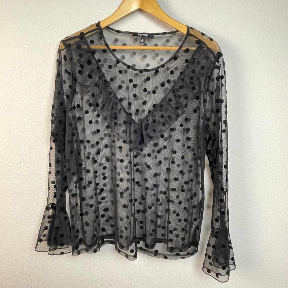 Dark Fairy Whimsigoth Black‎ Polka Dot Mesh Ruffle Long Sleeve Top Plus Size 1X